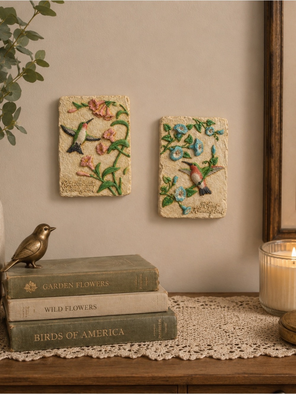 Hummingbird Wall Art Set of 2 | Raised Art Deco Nature Decor Bird Lover Accents